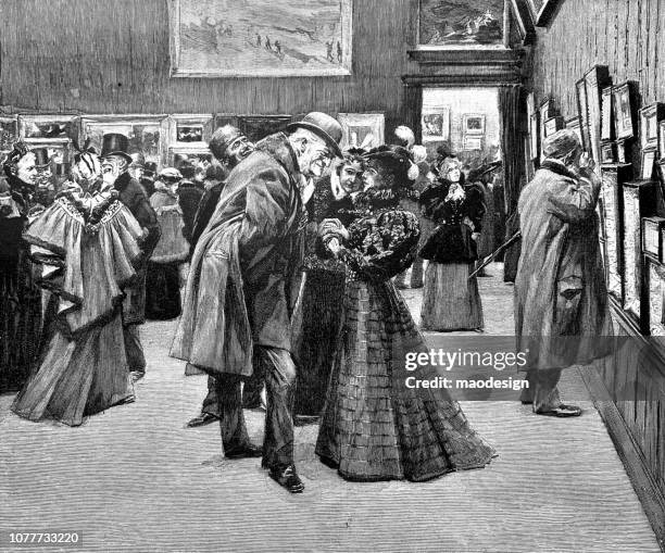 artistic gallery meeting - 1896 - art gallery party stock illustrations