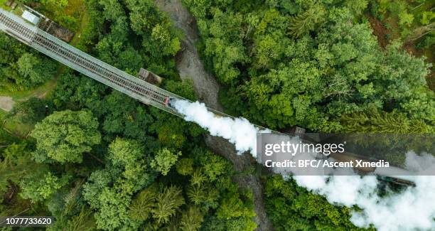 steam locomotive follows forest track - drone point of view photos stock pictures, royalty-free photos & images