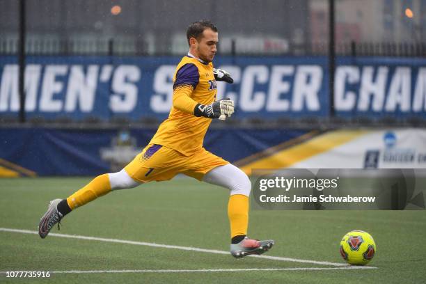 Goalie Will Marshall of the West Chester Golden Rams kicks the ball against the Barry University Buccaneers during the Division II Men's Soccer...