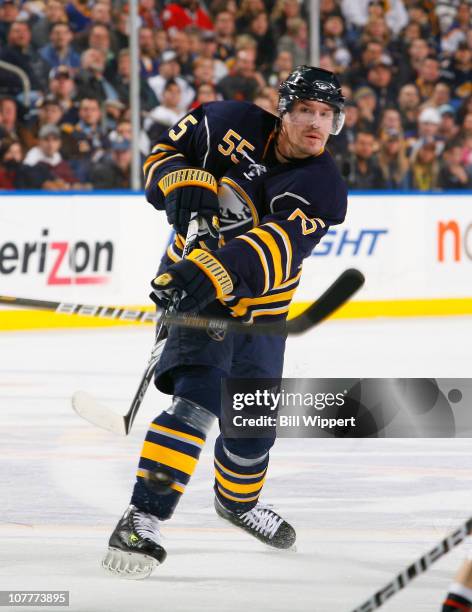 Jochen Hecht of the Buffalo Sabres shoots the puck against the Anaheim Ducks at HSBC Arena on December 21, 2010 in Buffalo, New York.