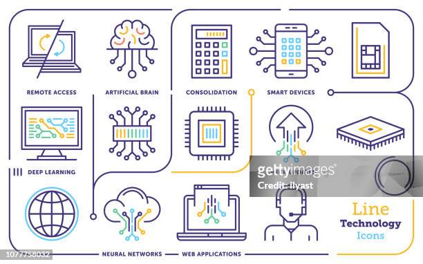 künstliche intelligenz & machine learning-linie icon set - sim karte stock-grafiken, -clipart, -cartoons und -symbole