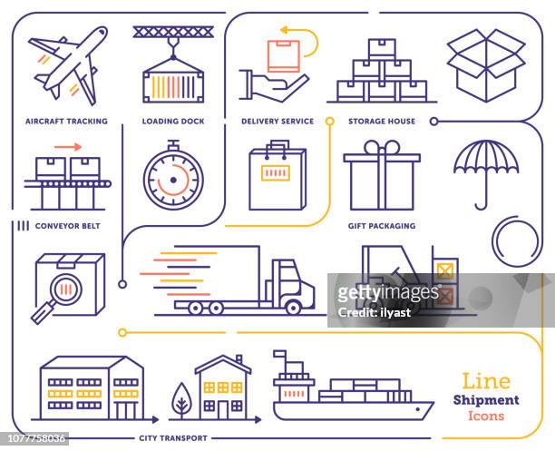 ilustraciones, imágenes clip art, dibujos animados e iconos de stock de transporte marítimo internacional y seguimiento conjunto de iconos de línea - contenedor de carga