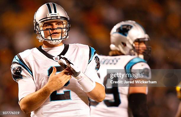 Jimmy Clausen of the Carolina Panthers calls a timeout during the game against the Pittsburgh Steelers on December 23, 2010 at Heinz Field in...