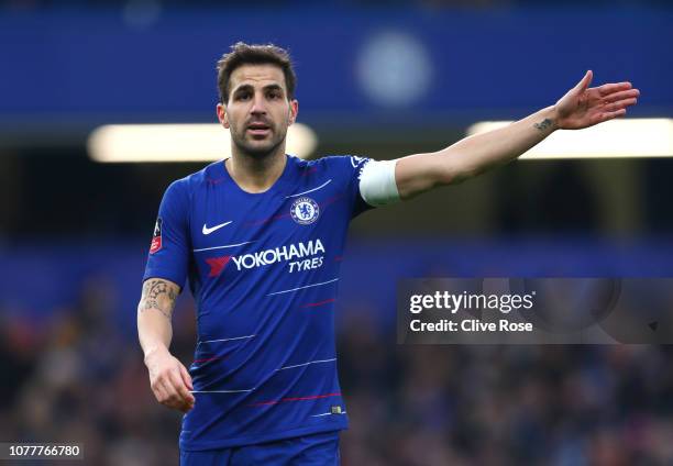 Cesc Fabregas of Chelsea reacts during the FA Cup Third Round match between Chelsea and Nottingham Forest at Stamford Bridge on January 5, 2019 in...