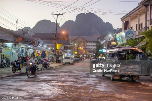 The view of Vang Vieng, Laos, in December 2018. Since the end of the 90s, Vang Vieng has been opened as a tourist site for western backpackers. The...