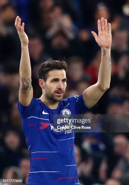 Cesc Fabregas of Chelsea applauds the fans during the FA Cup Third Round match between Chelsea and Nottingham Forest at Stamford Bridge on January 5,...