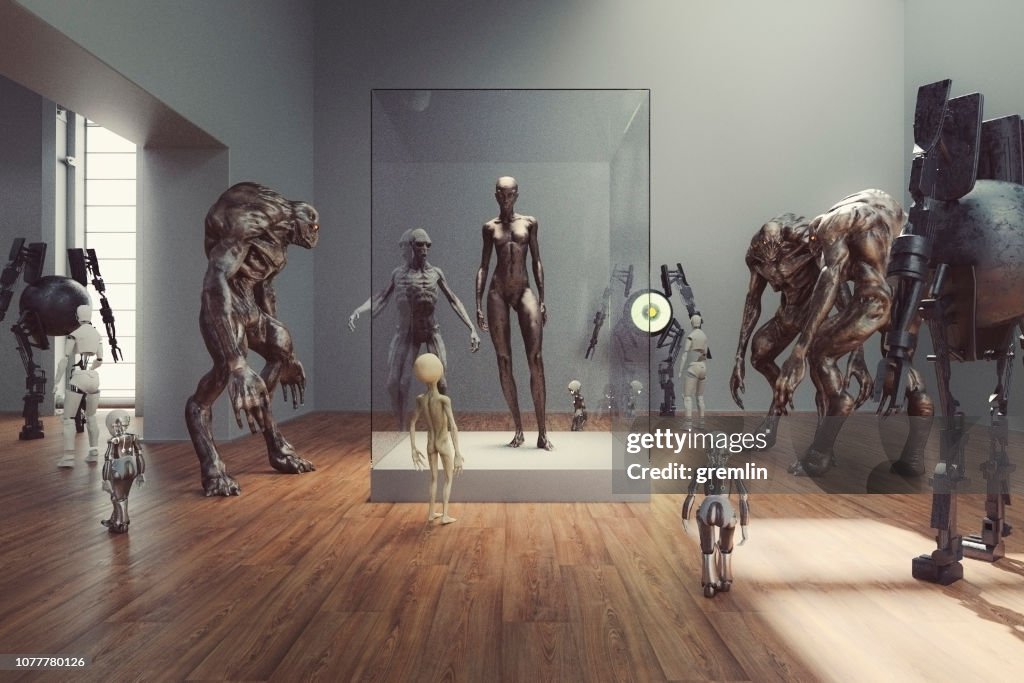 Futuristische buitenaardse museum met de tentoonstelling van de homo sapiens