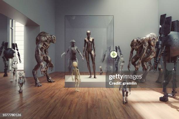 futuristic alien museum with homo sapiens exhibition - science museum stock pictures, royalty-free photos & images