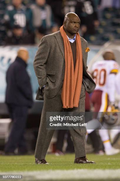 Commentator Booger McFarland walks off the field prior to the game between the Washington Redskins and Philadelphia Eagles at Lincoln Financial Field...