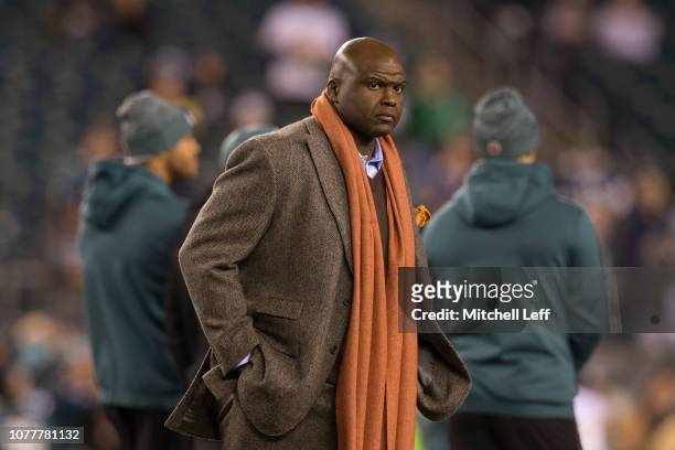 Commentator Booger McFarland walks off the field prior to the game between the Washington Redskins and Philadelphia Eagles at Lincoln Financial Field...