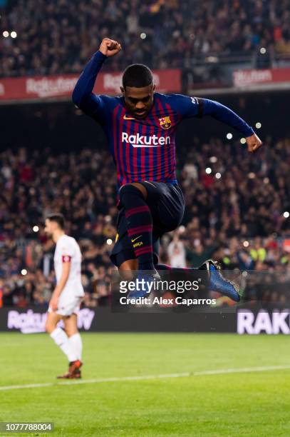 Malcom of FC Barcelona celebrates after scoring his team's third goal during the Copa del Rey fourth round second leg match between FC Barcelona and...