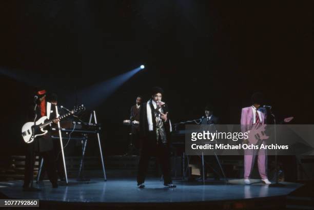 And B group the Time Terry Lewis, Jimmy Jam, Jerome Benton, Morris Day, Monte Moir and Jesse Johnson perform on American Bandstand in January 1983 in...
