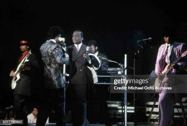 And B group the Time Terry Lewis, Morris Day, Jerome Benton, Jimmy Jam and Jesse Johnson perform on American Bandstand in January 1983 in Los...