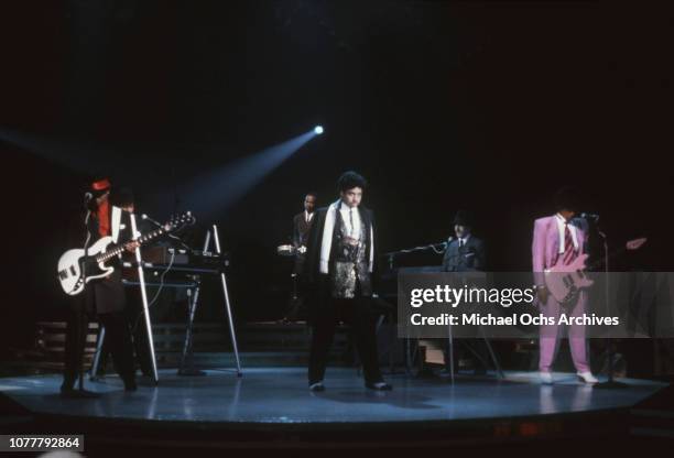 And B group the Time Terry Lewis, Jimmy Jam, Jerome Benton, Morris Day, Monte Moir and Jesse Johnson perform on American Bandstand in January 1983 in...