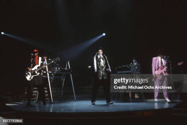 And B group the Time Terry Lewis, Jimmy Jam, Morris Day, Monte Moir and Jesse Johnson perform on American Bandstand in January 1983 in Los Angeles,...