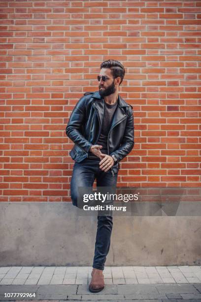 good looking man - biker leather jacket stock pictures, royalty-free photos & images