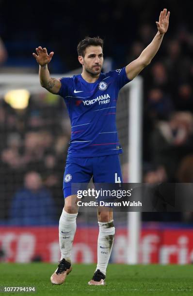 Cesc Fabregas of Chelsea acknowledges the fans as he leaves the pitch to be subbed during the FA Cup Third Round match between Chelsea and Nottingham...