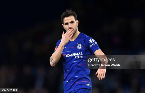 Cesc Fabregas of Chelsea acknowledges the fans after the FA Cup Third Round match between Chelsea and Nottingham Forest at Stamford Bridge on January...