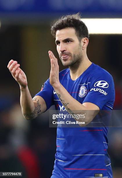 Cesc Fabregas of Chelsea acknowledges the fans after the FA Cup Third Round match between Chelsea and Nottingham Forest at Stamford Bridge on January...