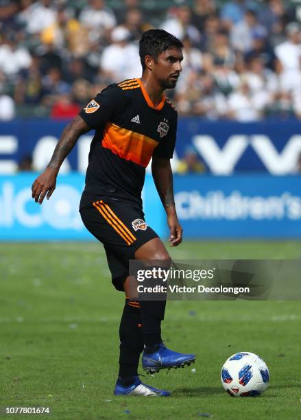 DeLaGarza of Houston Dynamo controls the ball during the MLS match against the Los Angeles Galaxy at StubHub Center on October 28, 2018 in Carson,...