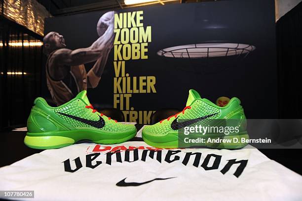 Green Nike Zoom Kobe VI shoes are shown before a game between the Miami Heat and the Los Angeles Lakers at Staples Center on December 25, 2010 in Los...