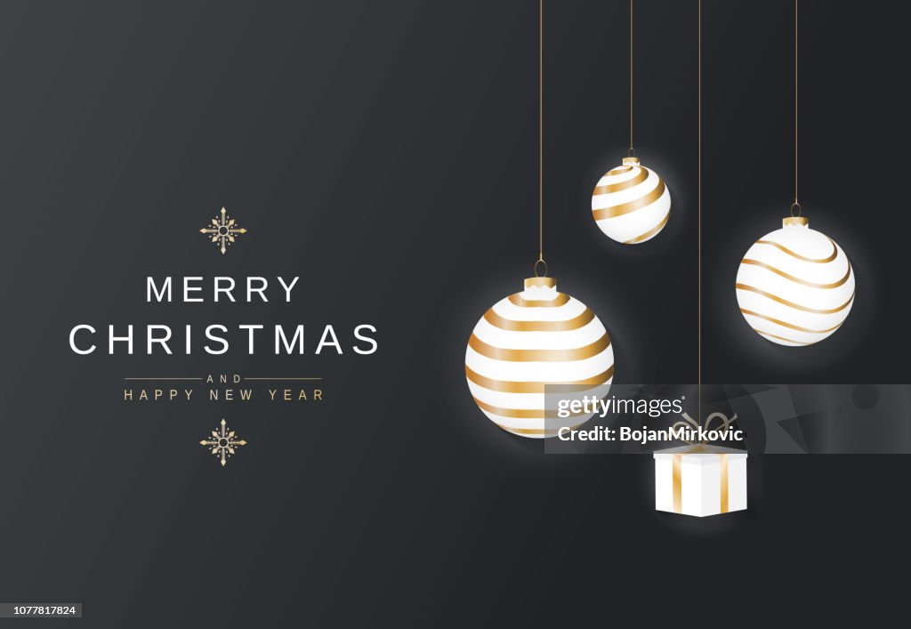 Merry Christmas hanging balls and gift. Poster, card or background. Golden lettering. Vector illustration.