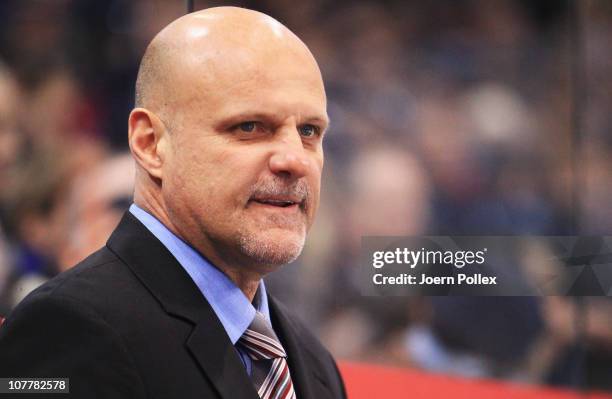 Head coach Benoit Laporte of Hamburg looks on during the DEL match between Hamburg Freezers and Eisbaeren Berlin at the O2 World Arena on December...