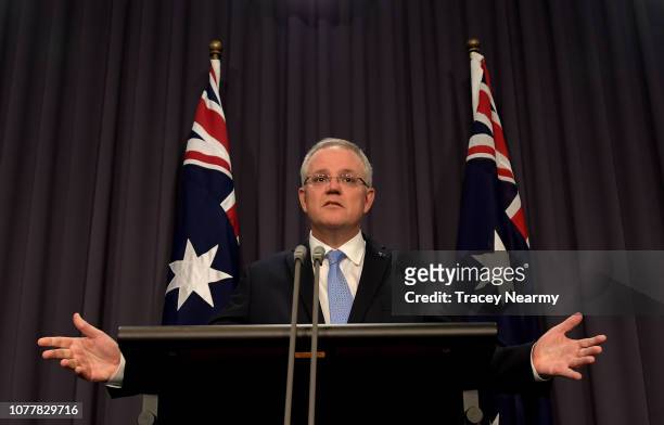 Prime Minister Scott Morrison at a press conference on national security ahead of Question Time at Parliament House on December 06, 2018 in Canberra,...