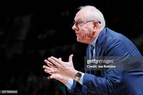 Head coach Jim Boeheim of the Syracuse Orange reacts against the Notre Dame Fighting Irish in the second half of the game at Purcell Pavilion on...