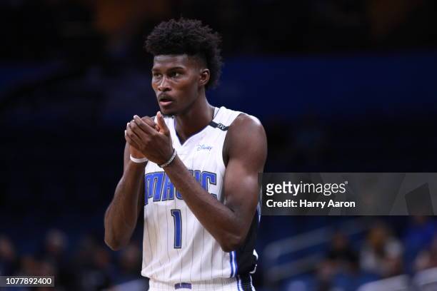 Jonathan Isaac of the Orlando Magic reacts in overtime against the Denver Nuggets at Amway Center on December 05, 2018 in Orlando, Florida.
