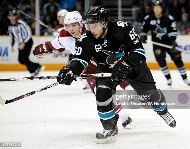 Jason Demers of the San Jose Sharks skates against the Phoenix Coyotes during an NHL hockey game at the HP Pavilion on December 23, 2010 in San Jose,...