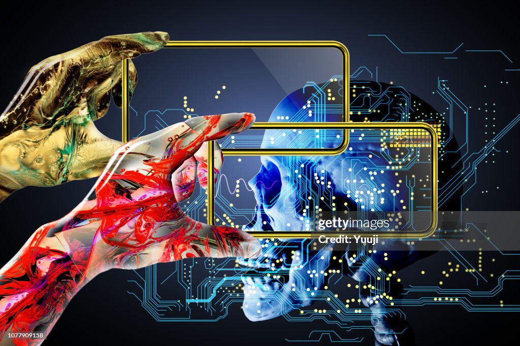 Un robot à intelligence artificielle opère un smartphone ou une tablette terminale et l’ordinateur les Diagnostics. Analyse de l’humain corps et faire des soins médicaux et soins de santé.