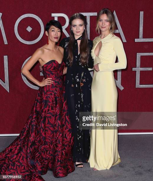 Jihae, Hera Hilmar and Leila George attend the premiere of Universal Pictures' "Mortal Engines" at the Regency Village Theatre on December 05, 2018...