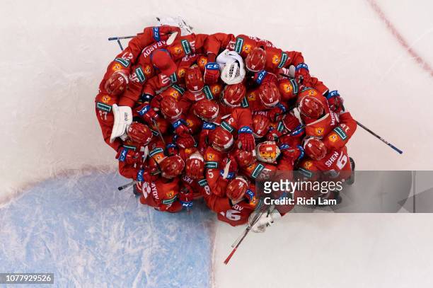 Russia celebrates after defeating Switzerland in the Bronze Medal game of the 2019 IIHF World Junior Championship on January 2019 at Rogers Arena in...