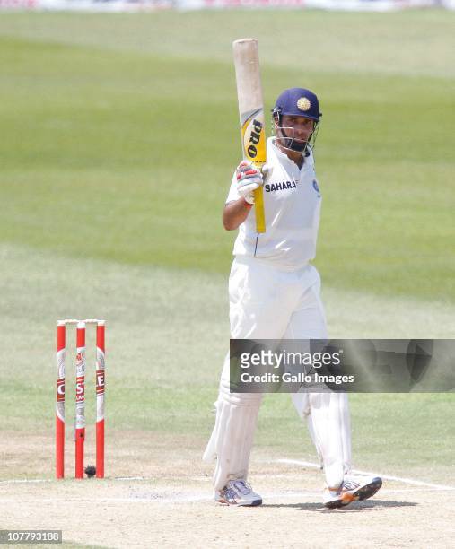 Laxman celebrates his 50 runs during day 3 of the 2nd Test match between South Africa and India at Sahara Stadium, Kingsmead on December 28, 2010 in...