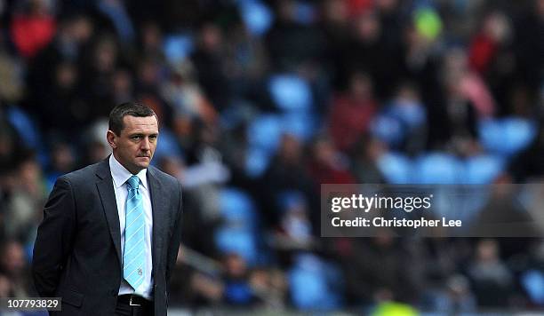 Manager Aidy Boothroyd of Coventry City looks in thought during the npower Championship match between Coventry City and Queens Park Rangers at The...