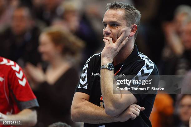 Head coach Kay Rothenpieler of Ahlen-Hamm reacts during the Toyota Handball Bundesliga match between HSG Ahlen-Hamm and HSV Hamburg at the...