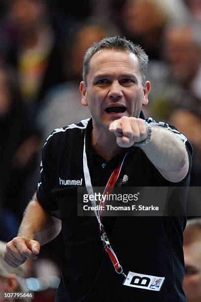 Head coach Kay Rothenpieler of Ahlen-Hamm reacts during the Toyota Handball Bundesliga match between HSG Ahlen-Hamm and HSV Hamburg at the...