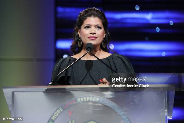 Andrea Navedo speaks at A Place Called Home's 18th Annual Gala For The Children at The Beverly Hilton Hotel on December 05, 2018 in Beverly Hills,...