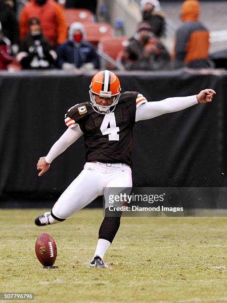 Kicker Phil Dawson of the Cleveland Browns kicks the ball off during a game against the Baltimore Ravens on December 26, 2010 at Cleveland Browns...