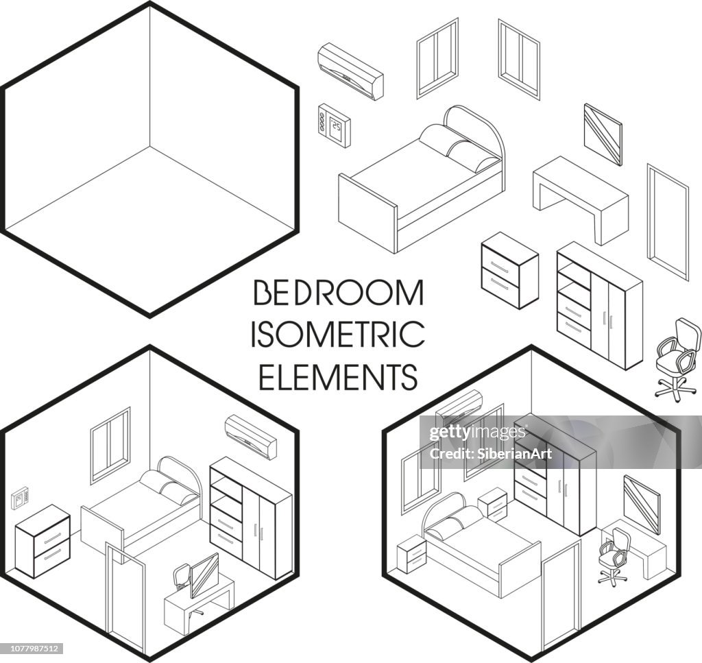 Bedroom Interior Creator Vector Isometric Thin Line Elements High-Res ...
