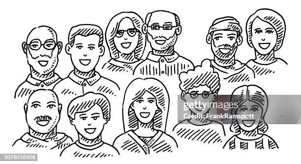 group of people portraits business team drawing - multicultural team stock illustrations
