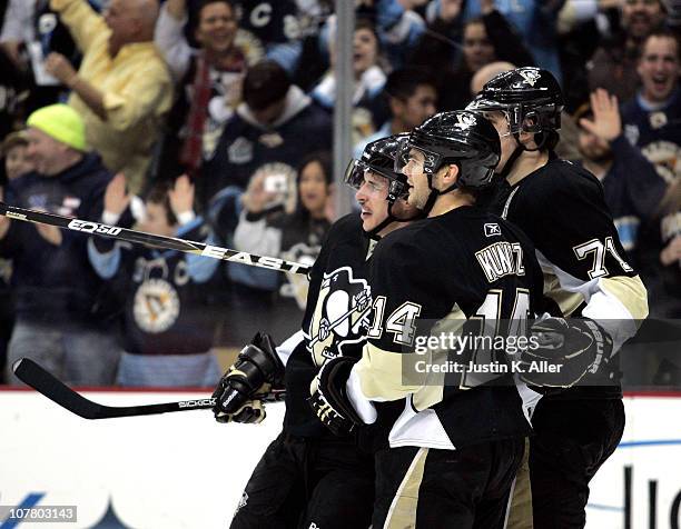 Sidney Crosby of the Pittsburgh Penguins celebrates his first period goal against the Atlanta Thrashers at Consol Energy Center on December 28, 2010...