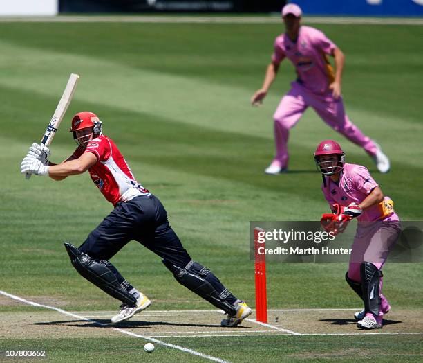 Peter Fulton of the Wizards plays a shot onto the leg side during the HRV Cup Twenty20 match between Canterbury Wizards and the Northern Knights at...