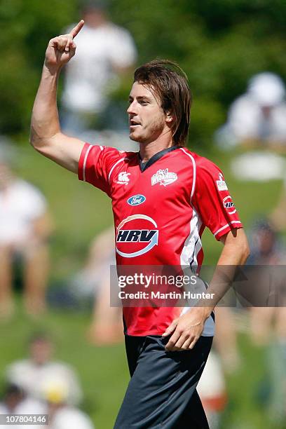Richard Sherlock of the Wizards celebrates the wicket of Herschelle Gibbs of the Knights during the HRV Cup Twenty20 match between the Canterbury...