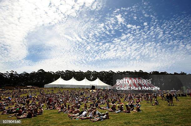 Festival-goers watch as Sally Seltmann performs on stage on day one of the Falls Music & Arts Festival on December 29, 2010 in Lorne, Australia.