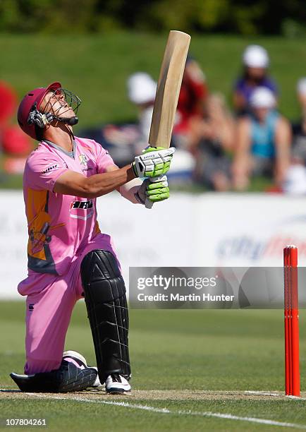 Brent Arnel of the Knights bats during the HRV Cup Twenty20 match between the Canterbury Wizards and the Northern Knights at AMI Stadium on December...