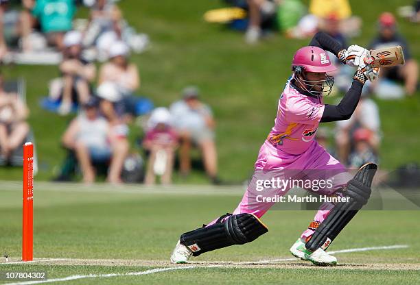 Kane Williamson of the Knights bats during the HRV Cup Twenty20 Canterbury Wizards and the Northern Knights at AMI Stadium on December 29, 2010 in...