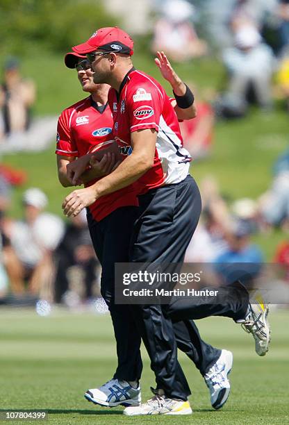 Brendon Hiini of the Wizards celebrates with Peter Fulton during the HRV Cup Twenty20 match between the Canterbury Wizards and the Northern Knights...