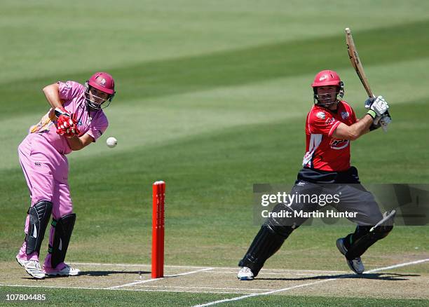 Shanan Stewart of the Wizards bats during the HRV Cup Twenty20 match between the Canterbury Wizards and the Northern Knights at AMI Stadium on...